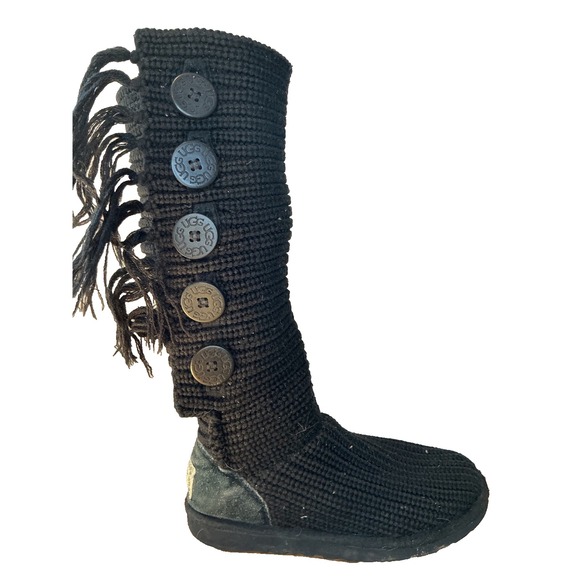 Ugg Australia Womens Slouch Boots Sz 7.5 Cardy Fringe Five Button Tall Black - Picture 1 of 6